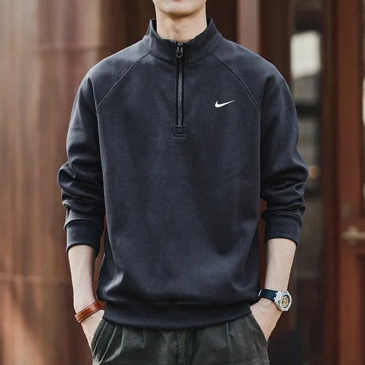 Men's navy blue half-zip mock-neck sweatshirt