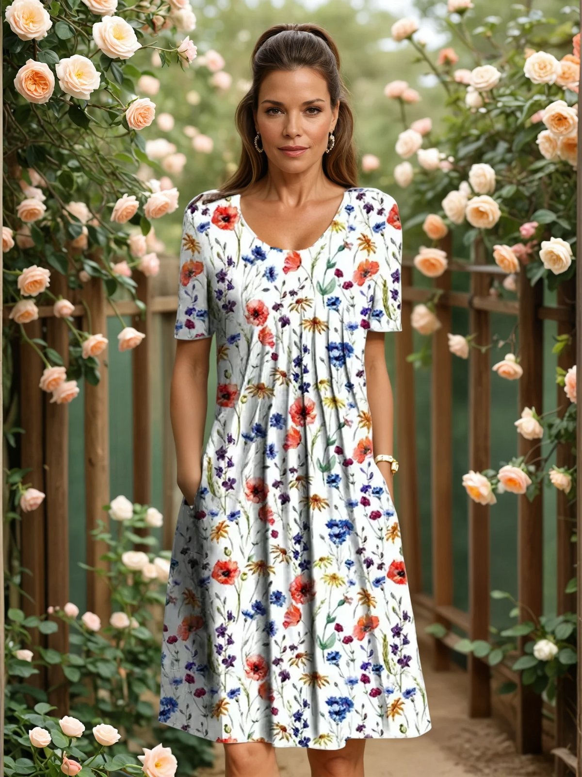 Marianne Elegant Floral Midi Dress - Red floral
