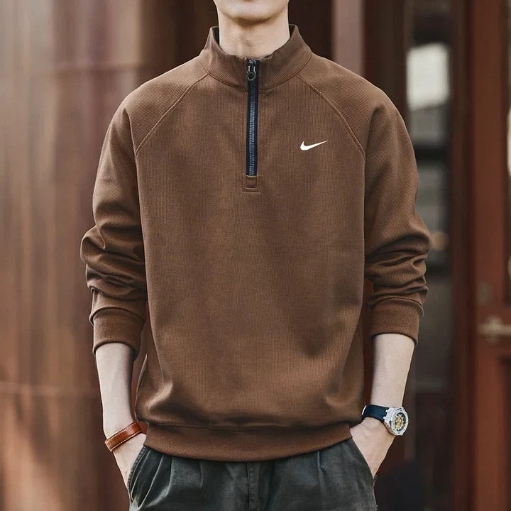 Men's brown half-zip mock-neck sweatshirt
