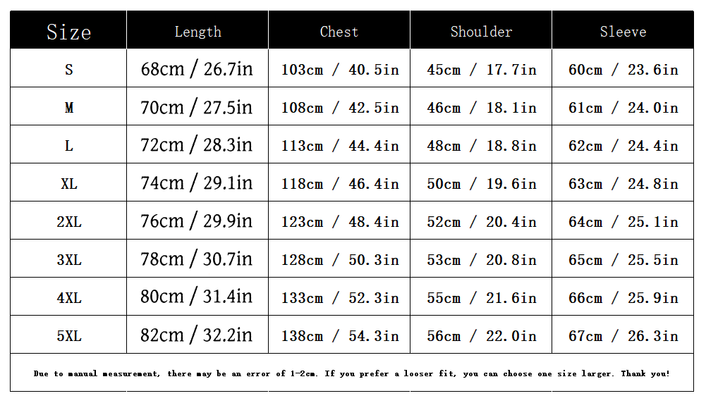 Men's hoodie garment size chart from S to 5XL