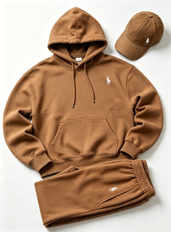 Mocha Brown men's three-piece hoodie, joggers and matching cap set