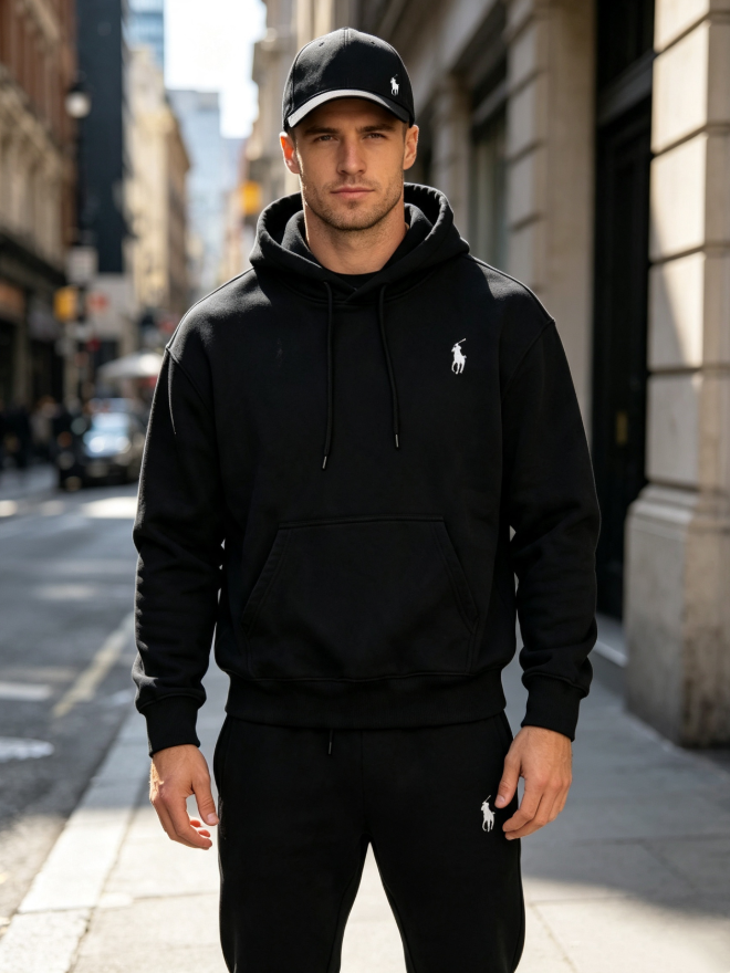 Man wearing the black three-piece hoodie, joggers and cap set in the city