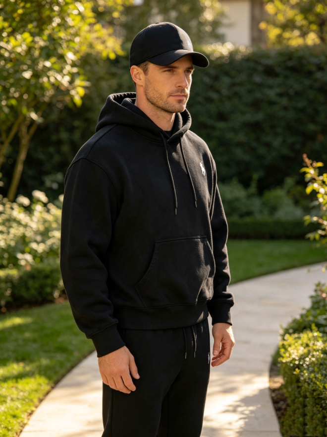 Side view of the black men's hoodie, joggers and cap set outdoors
