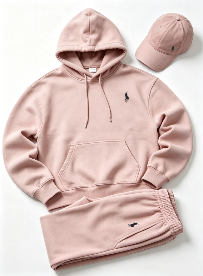 Soft Pink men's three-piece hoodie, joggers and matching cap set