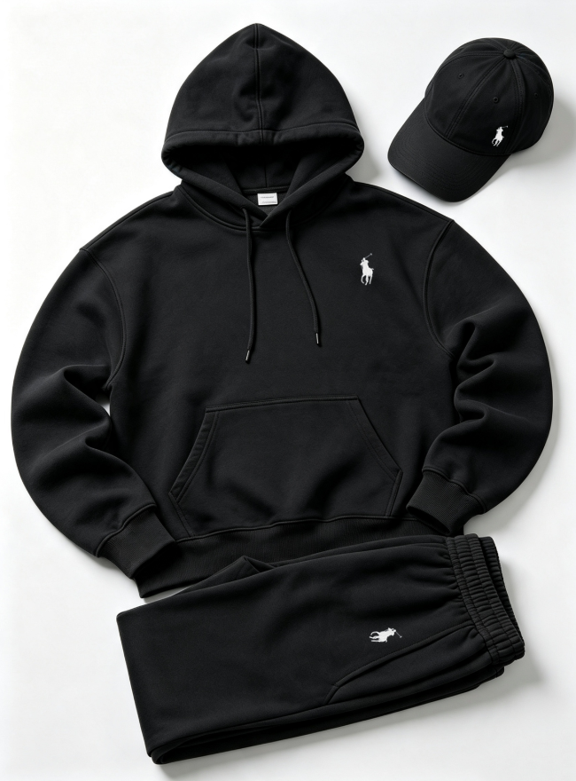 Black men's three-piece hoodie, joggers and matching cap set