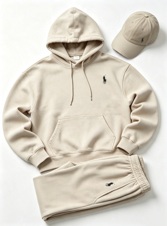 Beige men's three-piece hoodie, joggers and matching cap set